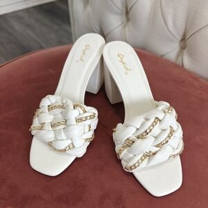 Qupid White and Gold Chain Heels